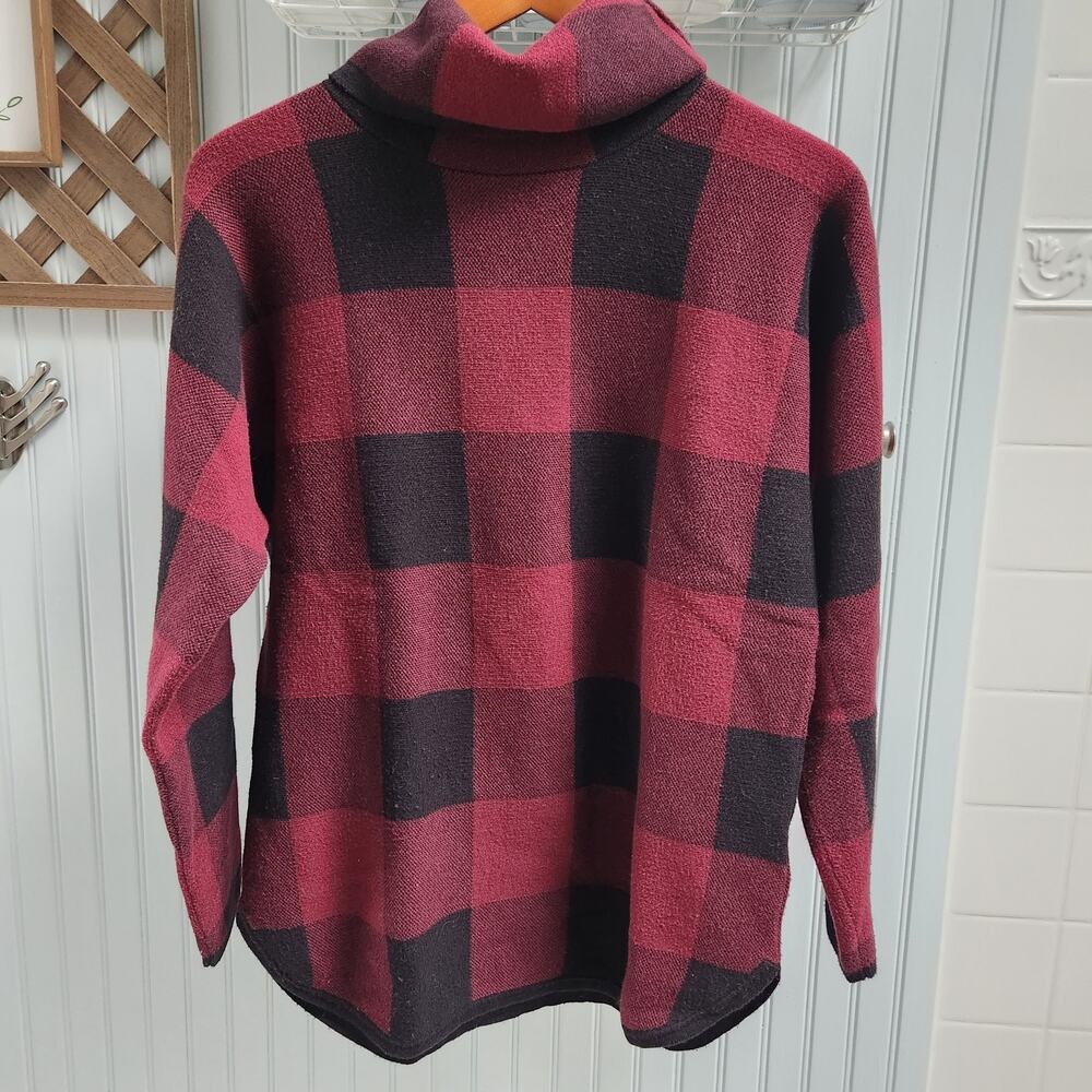 Adrienne Vittadini Maroon and Black Buffalo Plaid Cowl Neck Sweater